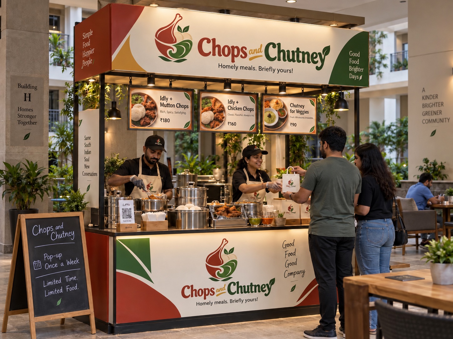 Chops and Chutney kiosk concept with red, green and cream branding and a welcoming food counter